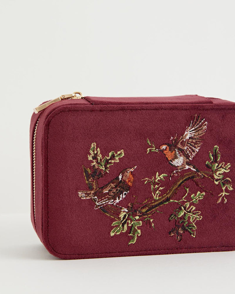 Robin Love Embroidered Large Jewellery Box Redcurrant Velvet