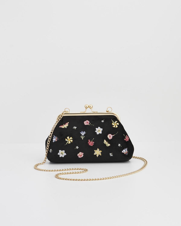 Pochette à fleurs en velours brodé – Noir