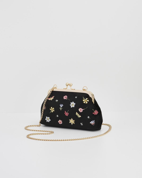 Pochette à fleurs en velours brodé – Noir