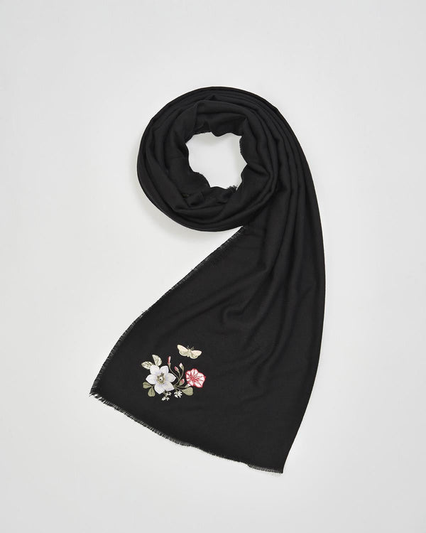 Foulard Pashmina brodé Fleurs – Noir