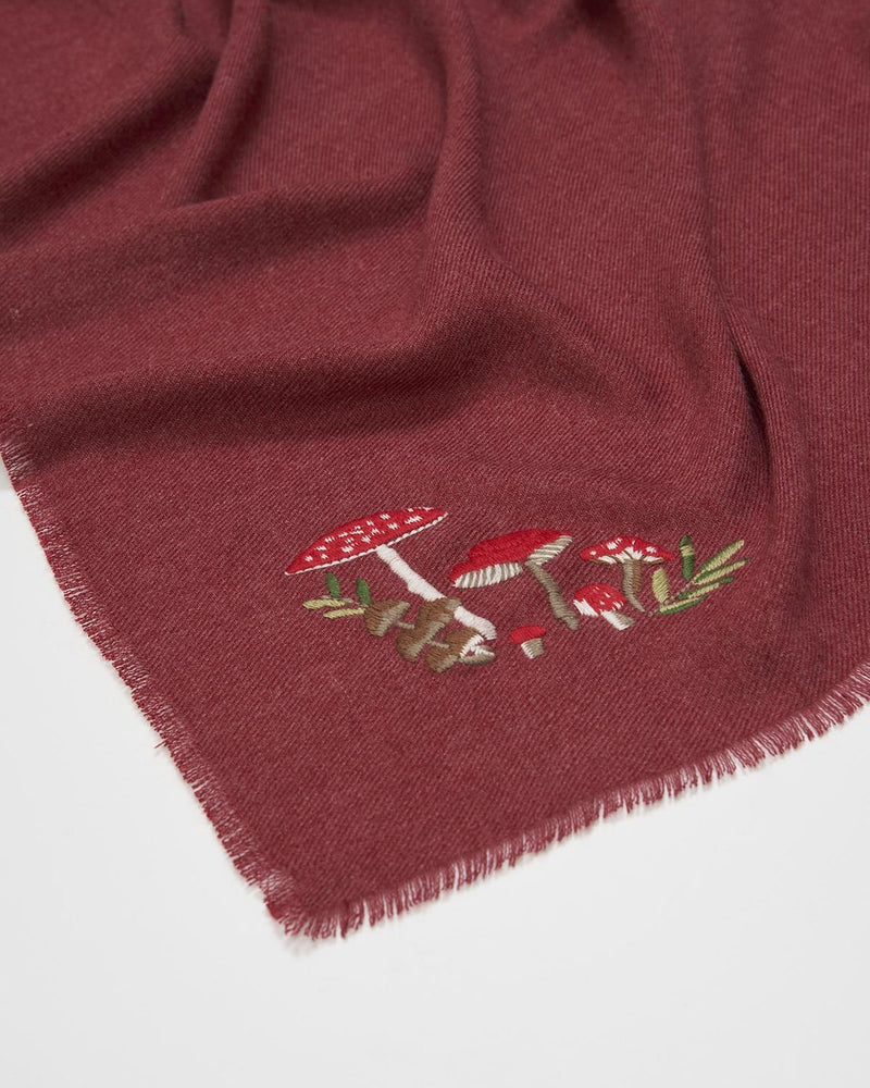 Mushroom Embroidered Burgundy Pashmina Scarf