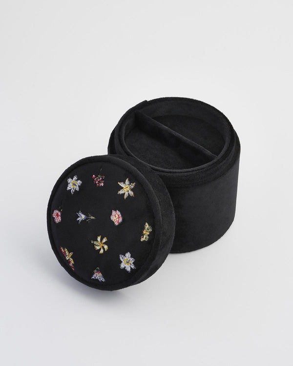 Boîte à bijoux brodée à fleurs en velours – Noir