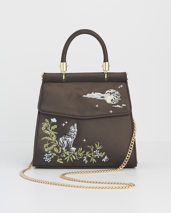 Wolf & Moon Embroidered Charcoal Satin Tote