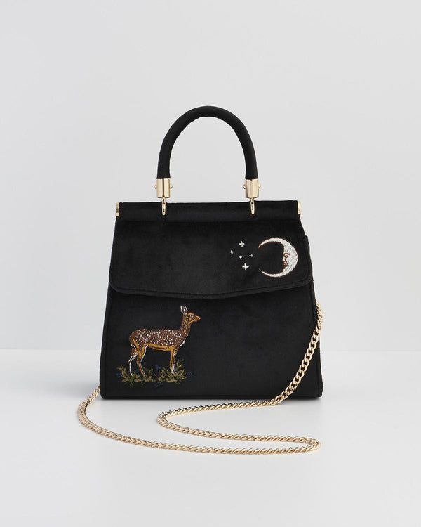 Cabas en velours brodé Cerf & Lune – Noir