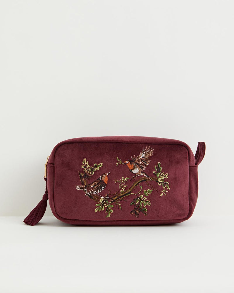 Trousse de toilette brodée Rouges-gorges amoureux en velours – Rouge groseille