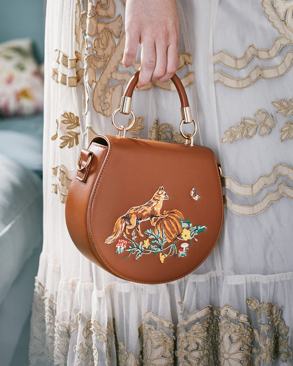 Fox & Pumpkin Embroidered Tan Saddle Bag