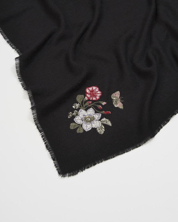 Foulard Pashmina brodé Fleurs – Noir