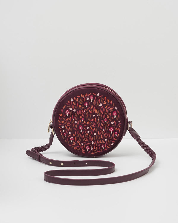 Sac rond Magical Mushroom en velours brodé – Bordeaux